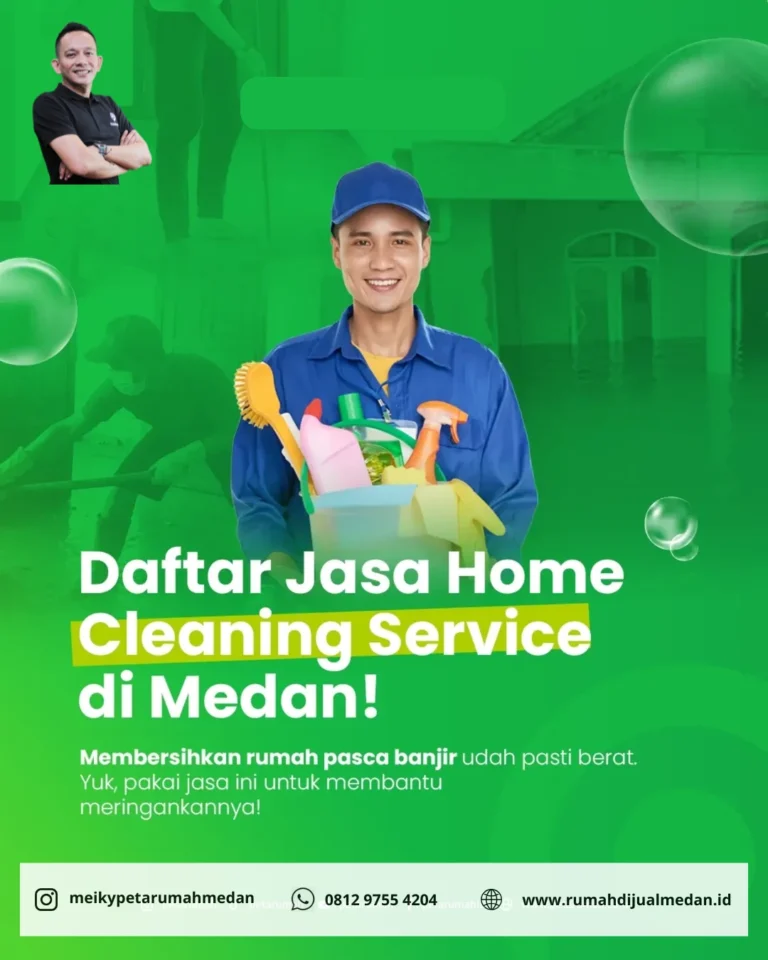 Ilustrasi petugas jasa home cleaning service di Medan siap membersihkan rumah.