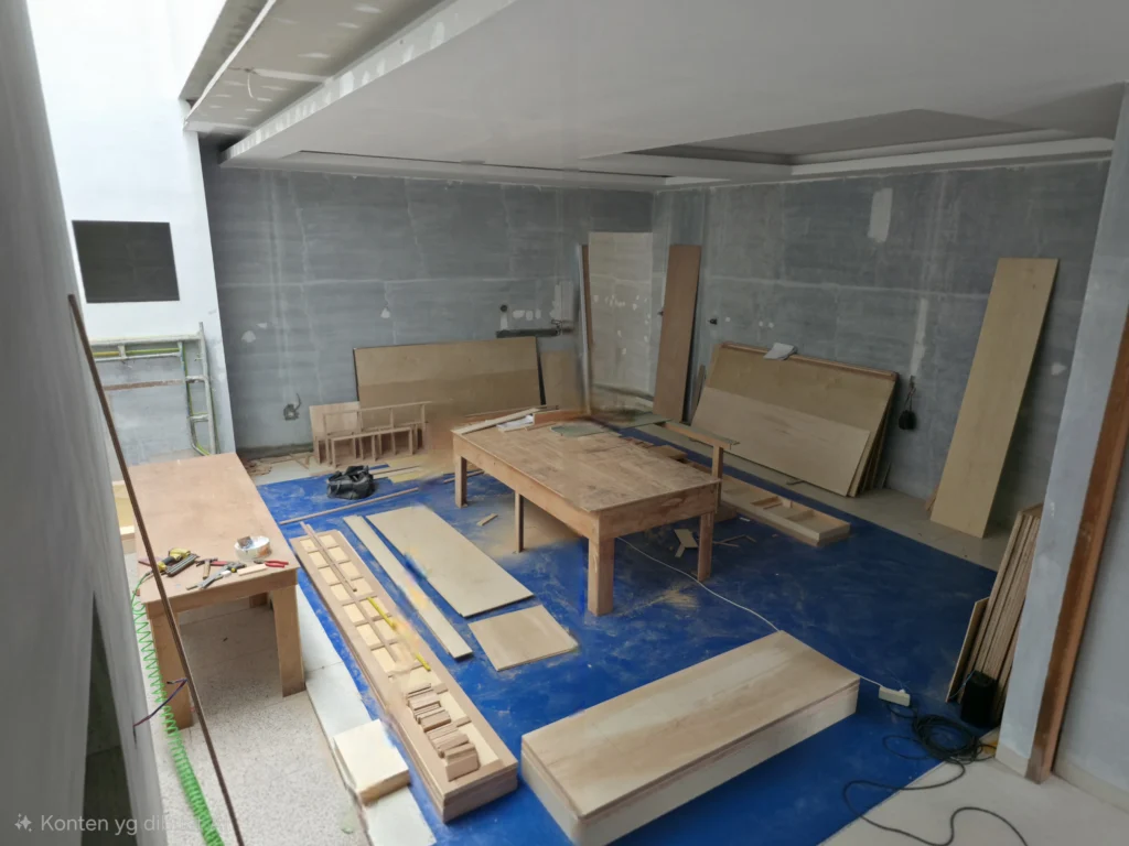 Interior ruang tamu lantai 1 rumah minimalis Medan dengan pencahayaan alami dan plafon tinggi.